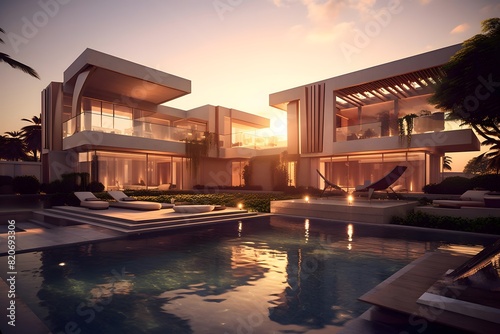 Luxury house with swimming pool at sunset. 3d rendering