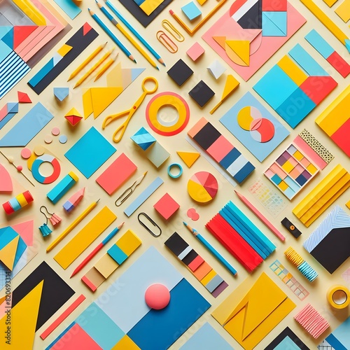 AI Generate of Background texture of Fashion Papers in Memphis Geometry Style. Yellow, blue, light blue, red and pastel pink colors. Top view, flat lay.