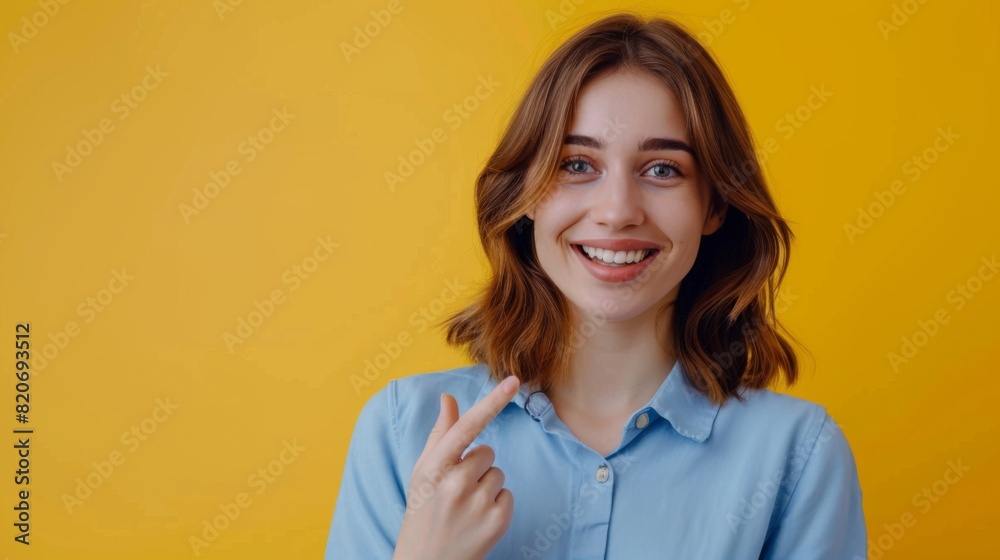 Woman Pointing with Cheerful Smile Woman Pointing with Cheerful Smile