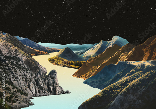 Surreal collage illustration made of torn pieces of vintage photos. Cut out fragments. Contemporary dadaism art. River flowing through mountains. Chill mood