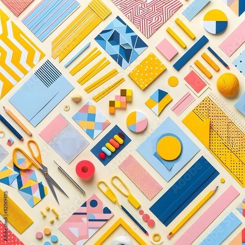 AI Generate of Background texture of Fashion Papers in Memphis Geometry Style. Yellow, blue, light blue, red and pastel pink colors. Top view, flat lay.