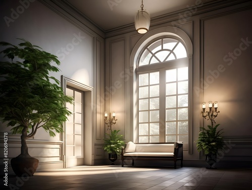 Interior of the living room with a large window. 3D rendering