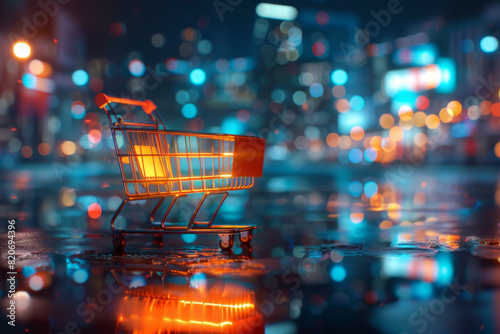 Illuminated Shopping Cart in Vibrant City Lights