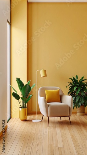 Photo of a modern interior design with a yellow wall mockup and armchair  wooden floor  minimal home decor