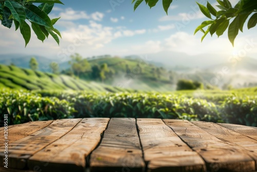 Circle wooden table top with blurred tea plantation landscape against blue sky and blurred green leaf frame Product display concept natural background - generative ai