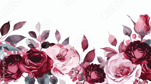 Burgundy rose flower watercolor border for wedding bi