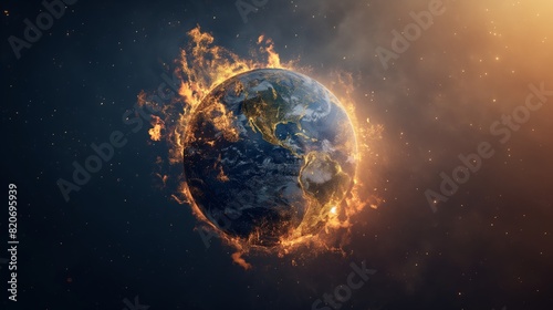 Earth Surrounded by Flames Highlighting Global Warming and Climate Change  photo