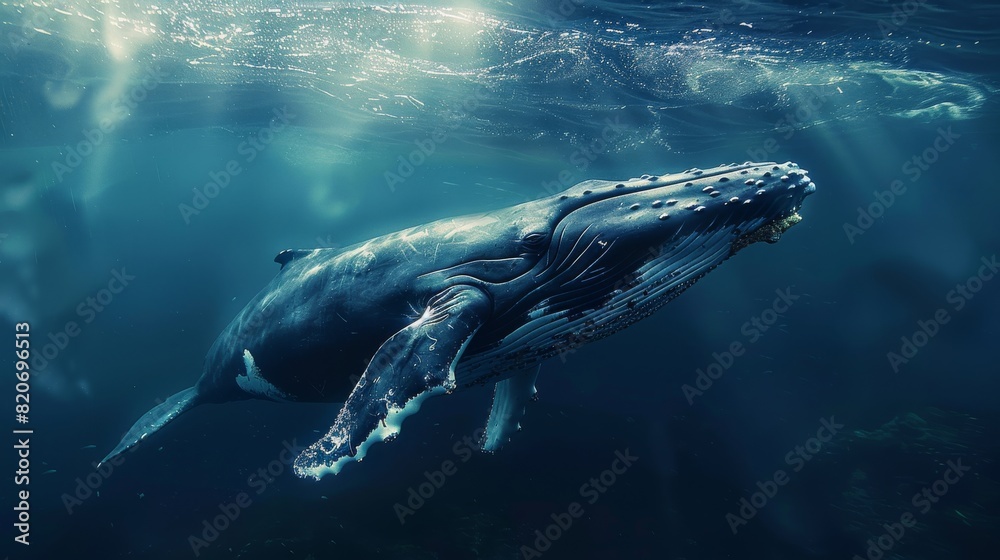 Fototapeta premium Ominous whale in deep blue sea. Generative AI.