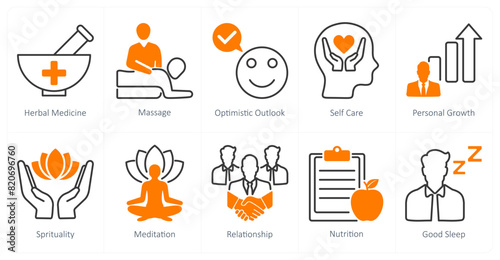 A set of 10 wellness icons as herbal medicine, massage, optimistic outlook