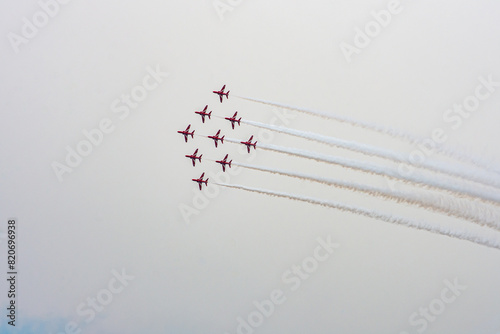 Palio Faliro,Greece -May 18,2024.RAF bitish acrobatic display team The Red Arrows perform at Palio Faliro,Greece