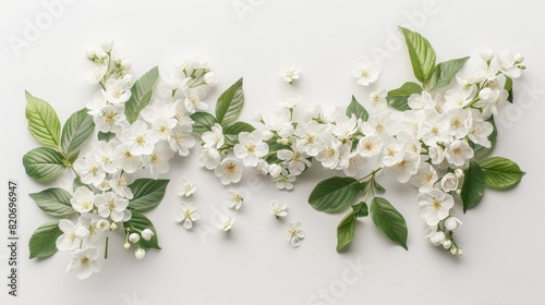 Summer white blank paper stripe for text mockup with bouquet of white bird cherry flowers on white ,Romantic floral background for advertising, branding identity, greeting card in minimal style