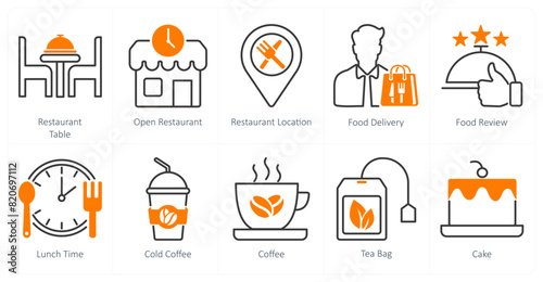 A set of 10 restaurant icons as restaurant, open restaurant, restaurant location