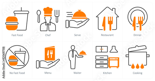 A set of 10 restaurant icons as fast food, chef, serve