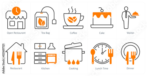 A set of 10 restaurant icons as open restaurant, tea bag, coffee