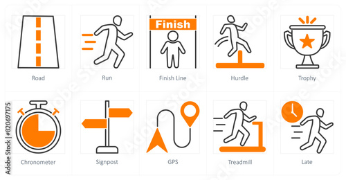 A set of 10 running icons as road, run, finish line