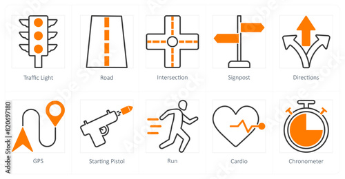A set of 10 running icons as traffic light, road, intersection