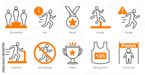 A set of 10 running icons as competition, late, medal