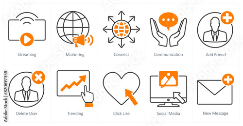 A set of 10 social media icons as streaming, marketing, connect