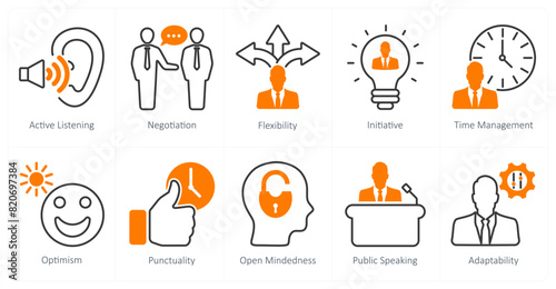A set of 10 soft skills icons as active listening, negotiation, flexibility