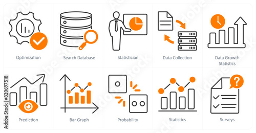 A set of 10 statistics icons as optimization, search database, statistician