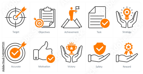A set of 10 success icons as target, objectives, achievement