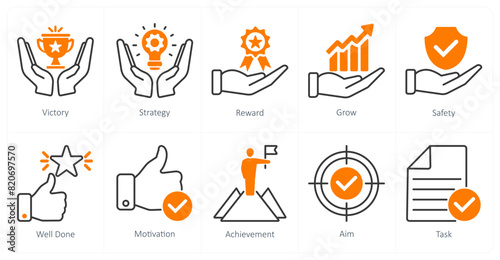 A set of 10 success icons as victory, strategy, reward