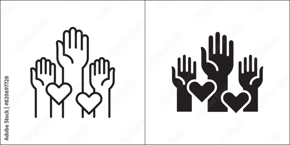Fototapeta premium Raising hands for volunteer icon. Participate hands icons. Icon for charity, donation, compassion, solidarity and humanitarian. Vector Stock logo illustration in flat and line design style.