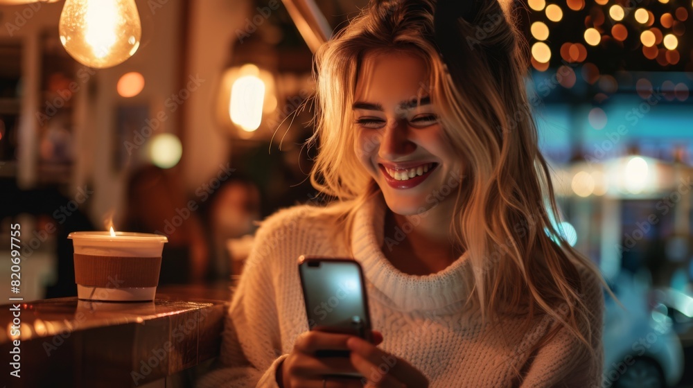 Woman Enjoying Evening in Cafe