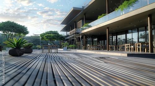 Architectural clubhouse of resort, modern design, grey wood, deck outdoor. Generative AI.