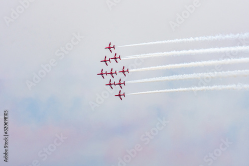 Palio Faliro,Greece -May 18,2024.RAF bitish acrobatic display team The Red Arrows perform at Palio Faliro,Greece