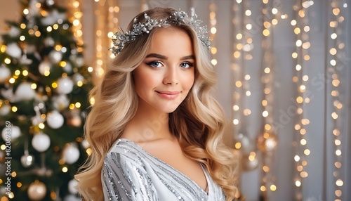 Beautiful Blonde Christmas Angel with White Angel Wings on Glowing Background