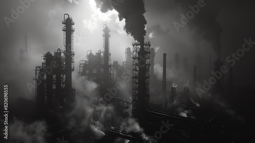 A black and white photo of an industrial area with a large factory in the background. The factory is emitting smoke into the air.