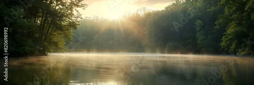 A serene sunrise over a tranquil lake surrounded by dense trees, highlighting the peaceful coexistence of humans and the environment. [Blank space for text or graphics] photo