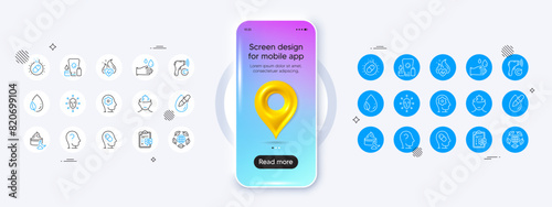 Phone mockup with 3d map pin icon. Eco organic, Leaf dew and Sunscreen line icons. Pack of Face biometrics, Night cream, Eye drops icon. Vector