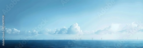 A serene coastal scene with offshore wind turbines harnessing the power of the wind  offering a blank expanse of ocean for overlaying text or graphics promoting renewable energy initiatives