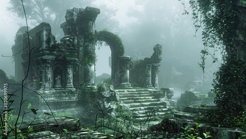 A misty ancient temple ruin surrounded by overgrown vegetation photo