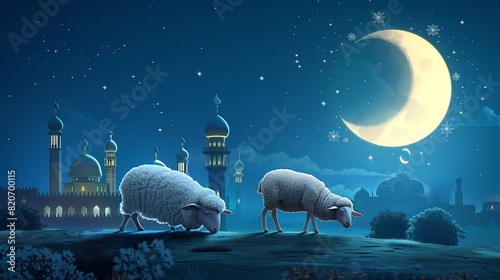 sheep in front of mosque Eid ul adha islamic background