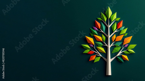 origami tree with colorful leaves on dark green background