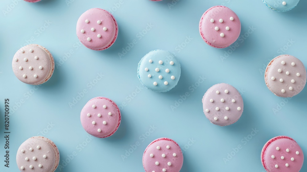 Top view of multicolored sweet macaroon biscuits lying in lines on pastel blue background, Dessert, confectionery, biscuit macaroons with layer of filling, Pattern on blue , top view, flat lay
