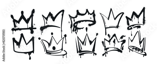 Vector spray paint graffiti crowns set. Black painted ink king  queen or prince crown isolated on white background. Hand drawn princess tiara. Grunge airbrush street art  inky royal logo with splashes