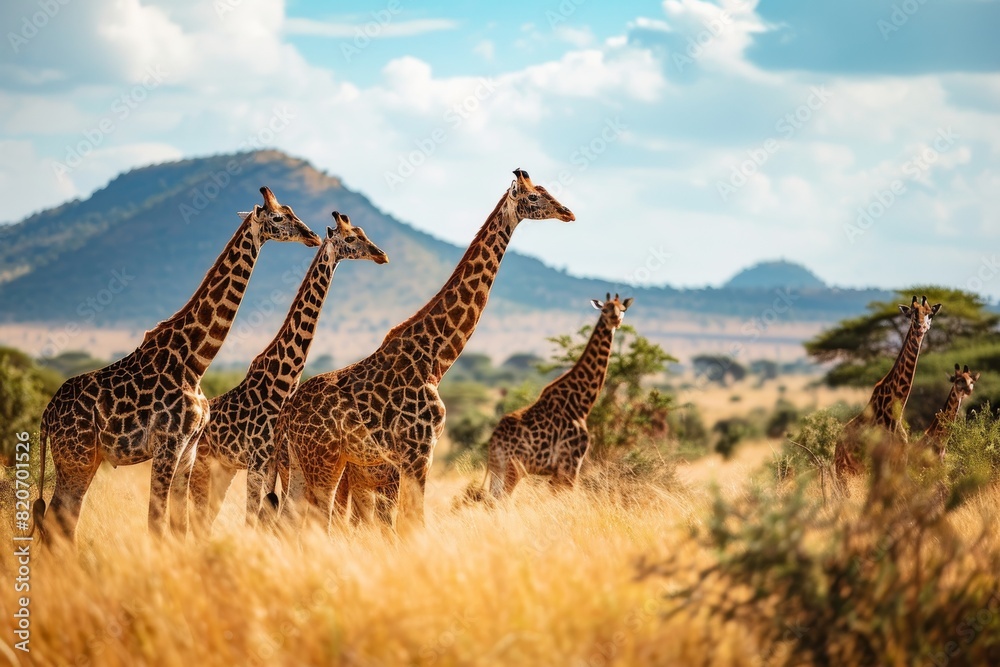 Fototapeta premium Group of giraffes in the National Park Kenya, AI generated