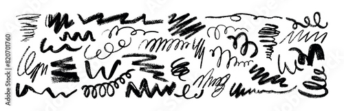 Vector set of hand drawn doodle charcoal pencil curly lines and strokes, squiggles. Grunge pen crayon scribbles, chalked smears. Black coal drawing zigzag line, graphite rough swirls and thin curves.