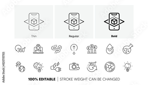 Chemistry lab, Full rotation and Energy line icons. Pack of Dermatologically tested, Telemedicine, Fraud icon. Currency rate, 360 degrees, Air fan pictogram. Idea gear, Swipe up, Digestion. Vector