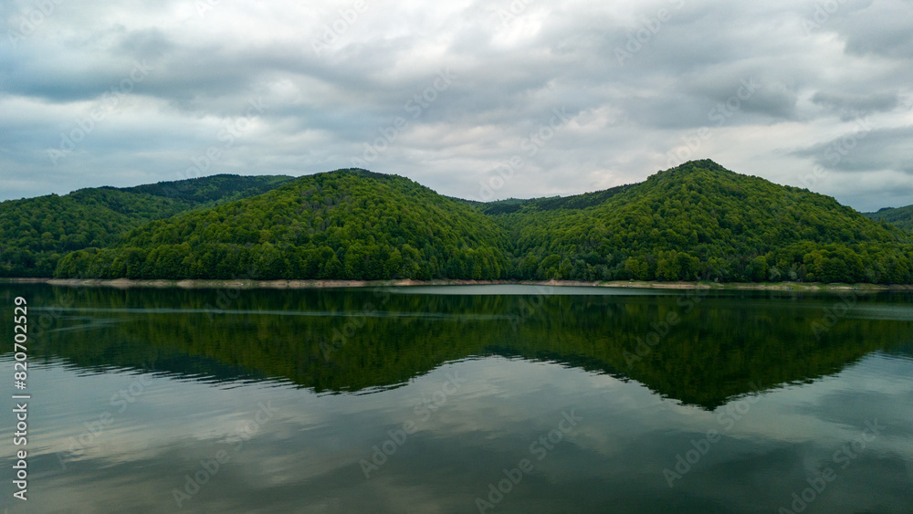 Vidraru Dam - aerial view on a cloudy day