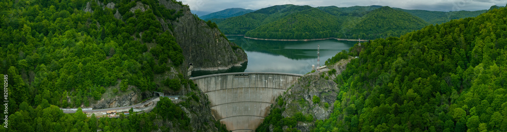 Vidraru Dam - aerial view on a cloudy day