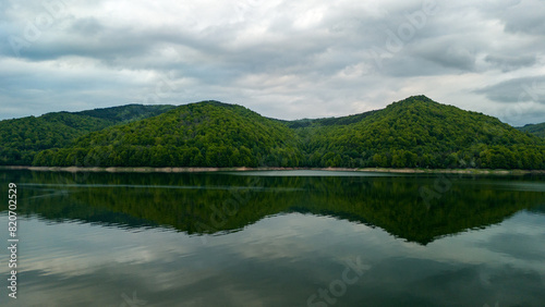 Obraz na płótnie Vidraru Dam - aerial view on a cloudy day w salonie