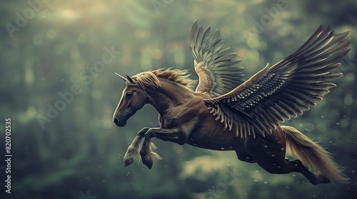 a beautiful flying horse with wings pegasus. winged divine stallion mythical creature from greek mythology. high in the beautiful sky at sunset in the clouds