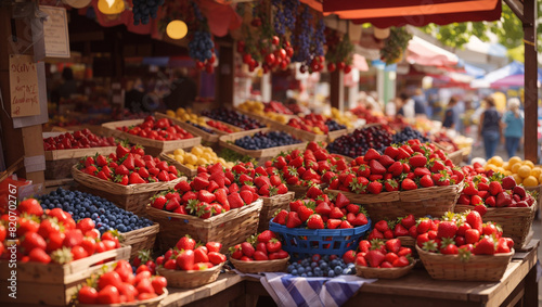a variety of fruits and vegetables on display at a market stall.