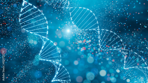 DNA double helix with sparkling nodes in a dynamic blue environment. Genomic sequencing, molecular biology, and genetic data analysis.