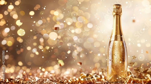 Celebratory Scene with Champagne Bottle and Sparkling Background